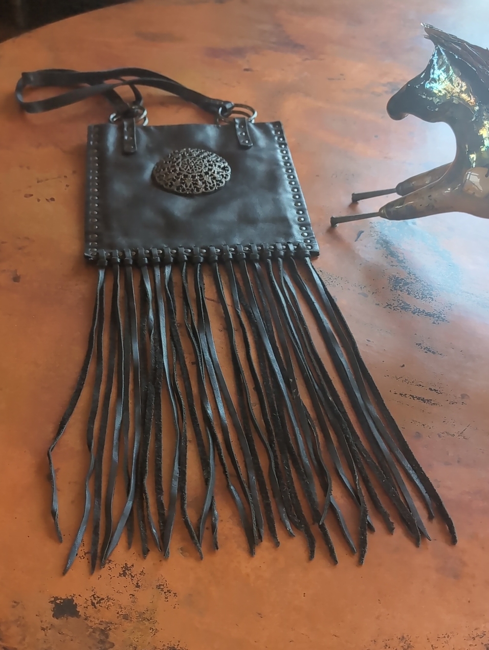 One Of A Kind French Vintage Black Fringe Crossbody Bag W Decorative Medallion